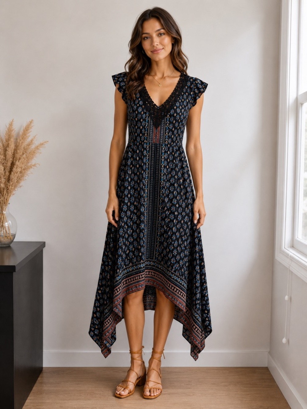 Anthro Inspired Boho Floral Midi Dress Hankerchief Hem